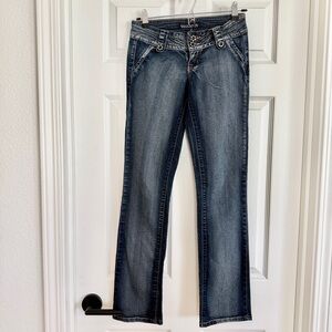 💎 Diamanté Boot-Cut Low-Rise Dark Blue Denim Wash Jeans w/ Crystal Buttons